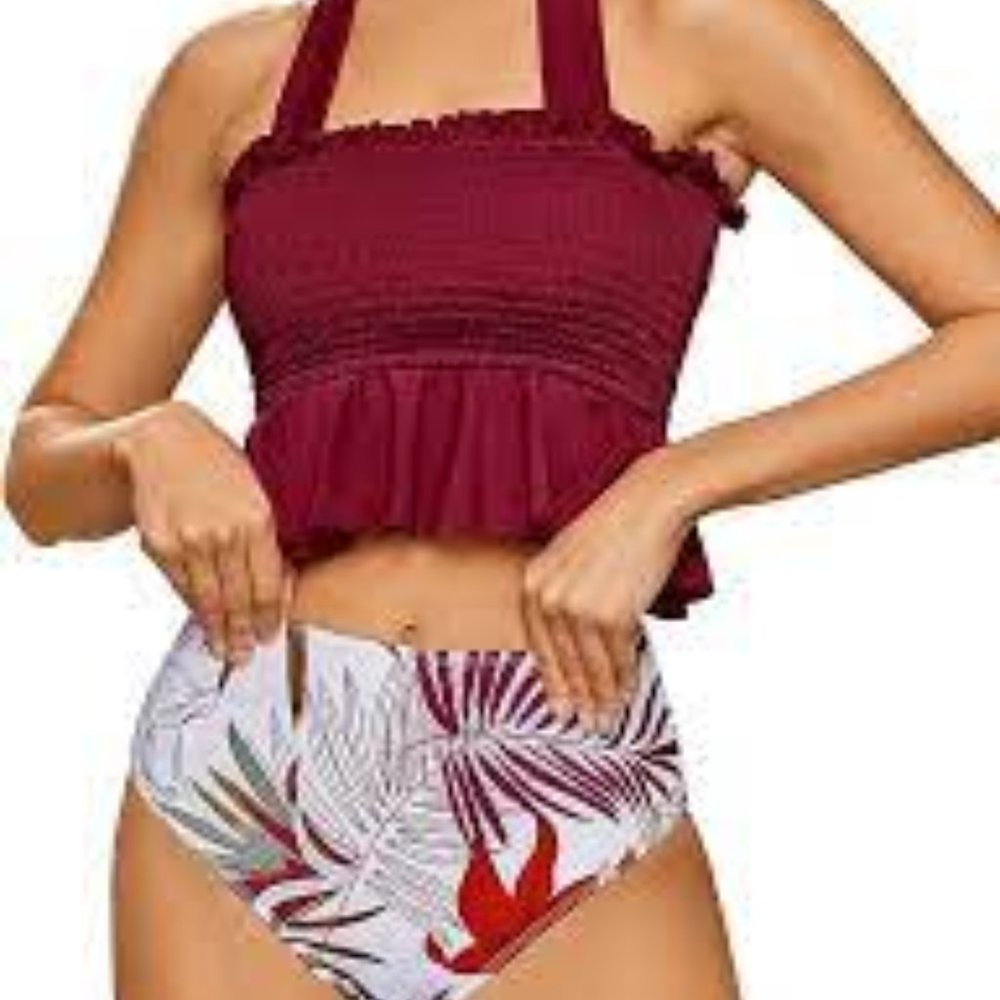 Tutorutor Womens High Waisted Peplum Halter Tankini Set Ruffle Floral Print 2 Pc